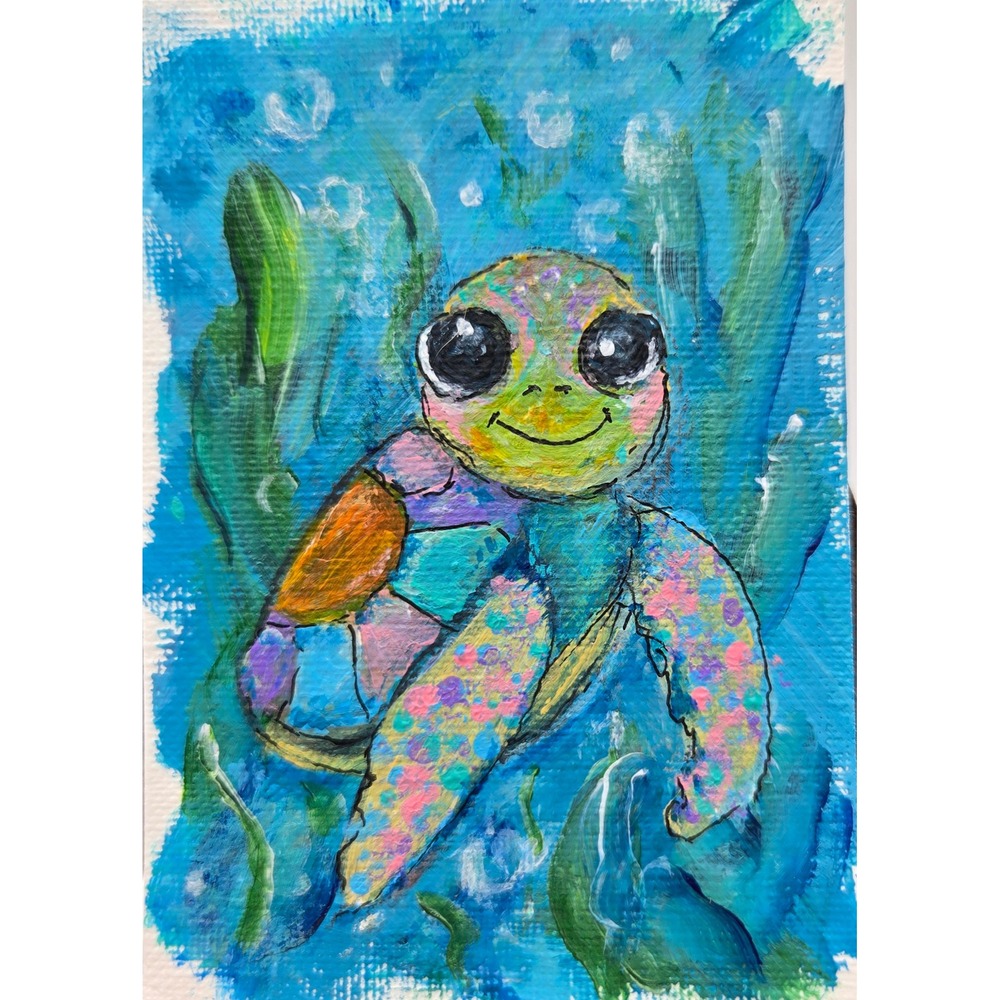 ACEO Sea Turtle Original Acrylic Painting Blue Green Multi Color Whimsical Art